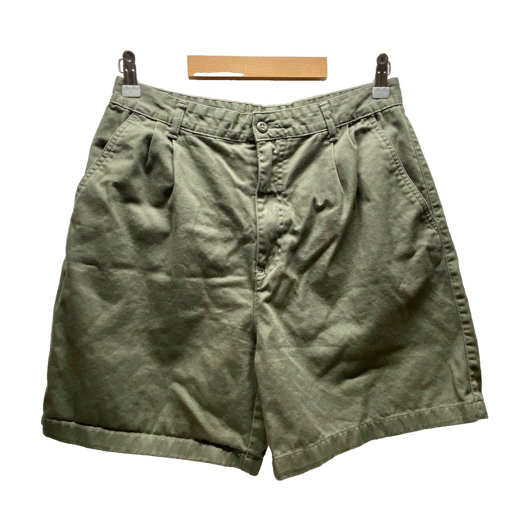 Cherokee Walking Shorts Women's 10 Olive Green Pleated High Waist Chino Pockets